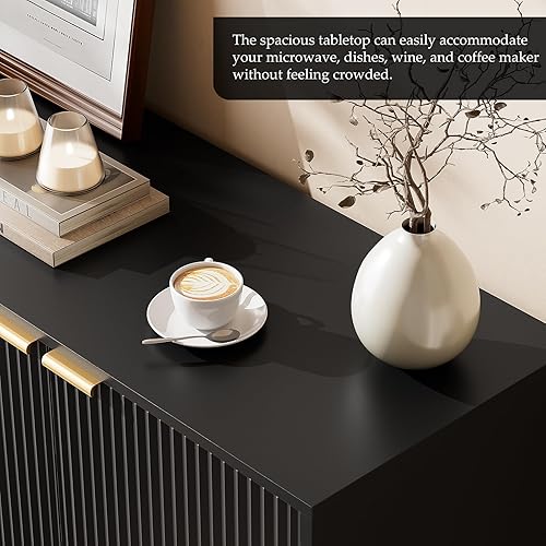 Miniatura 5 de Aparador grande de 63 pulgadas, armario de buffet moderno, soporte de TV para bar de vinos con 4 puertas para comedor (negro)