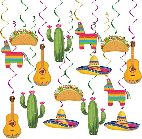 20 decoraciones de remolinos colgantes para fiesta mexicana, suministros de fiesta de Cinco de Mayo, tema de cumpleaños de dos días de taco, fiesta