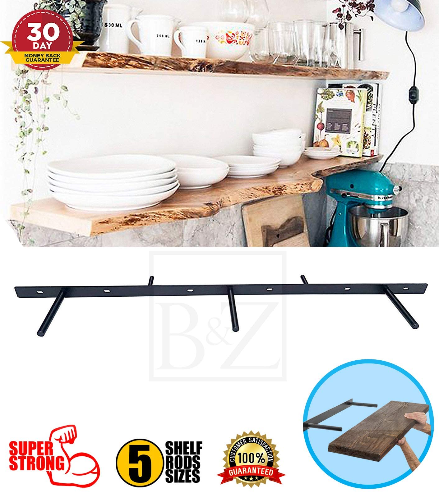 B&Z Soportes para estante de placas ocultas y flotantes extremadamente resistentes (1066,8 mm) con soporte de pared adicional