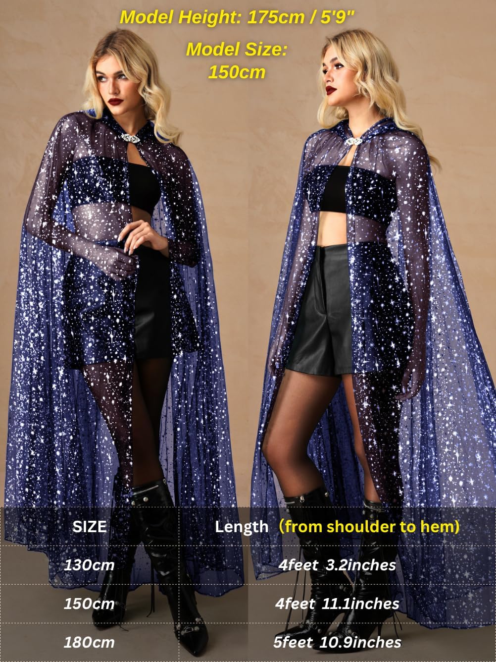 Kaei&Shi Star Tulle Cape,Long Sheer Hooded Cloak Gothic Witch Costume,Celestial Dress For Women Halloween Wedding