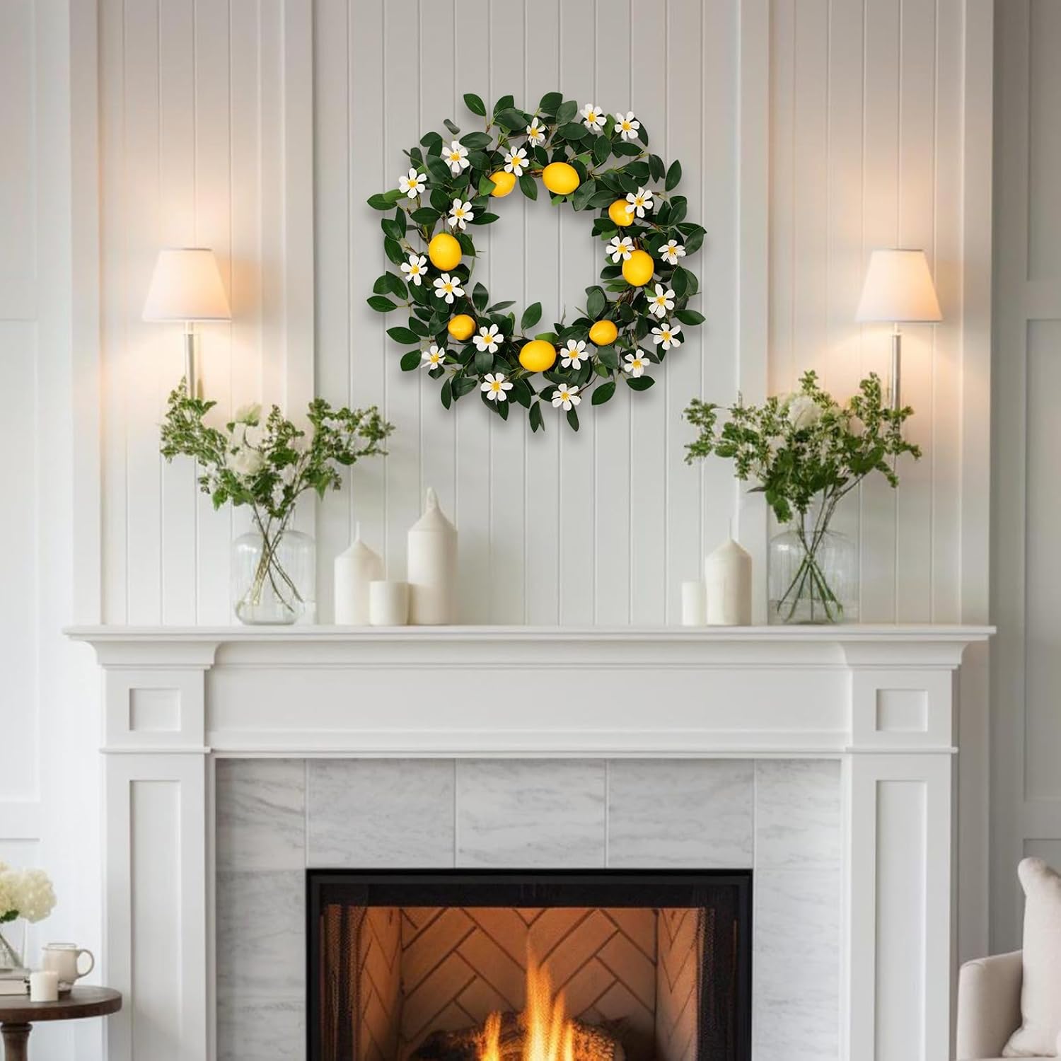 2 Pack 18 Inch Lemon Wreath for Front Door, Spring Summer Fruit Wreath Set with Artificial Lemons, White Daisies and Lifelike Greenery Leaves for Indoor Outdoor Kitchen Farmhouse Decor