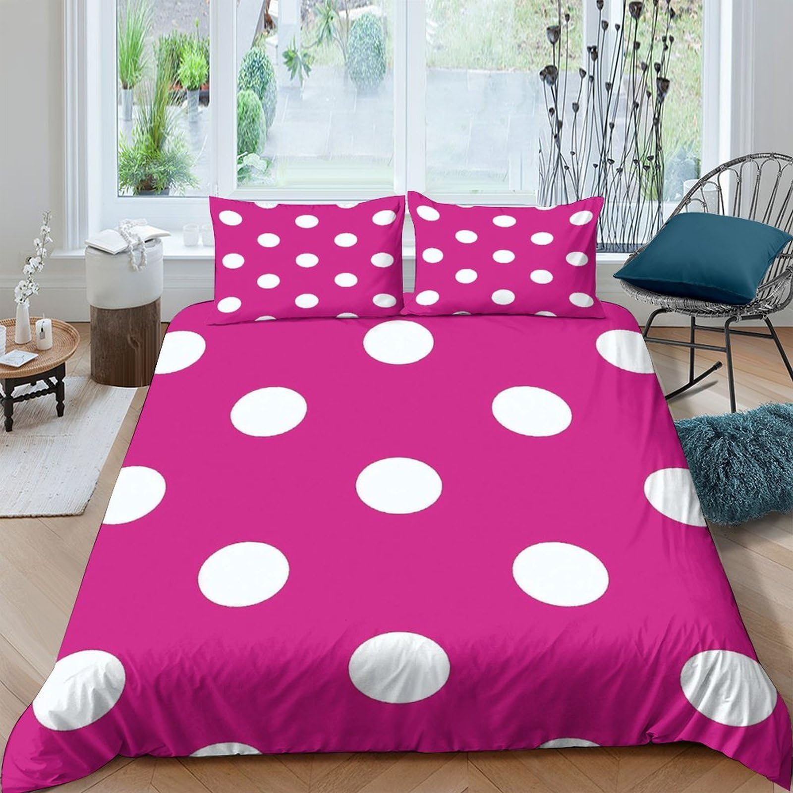 GPLZQXKJNH 3D Printed Pink Polka Dot Duvet Cover Microfiber Soft Breathable White Spot Bedding Set with 2 Pillowcases for Bedroom Decor Single（135x200cm）