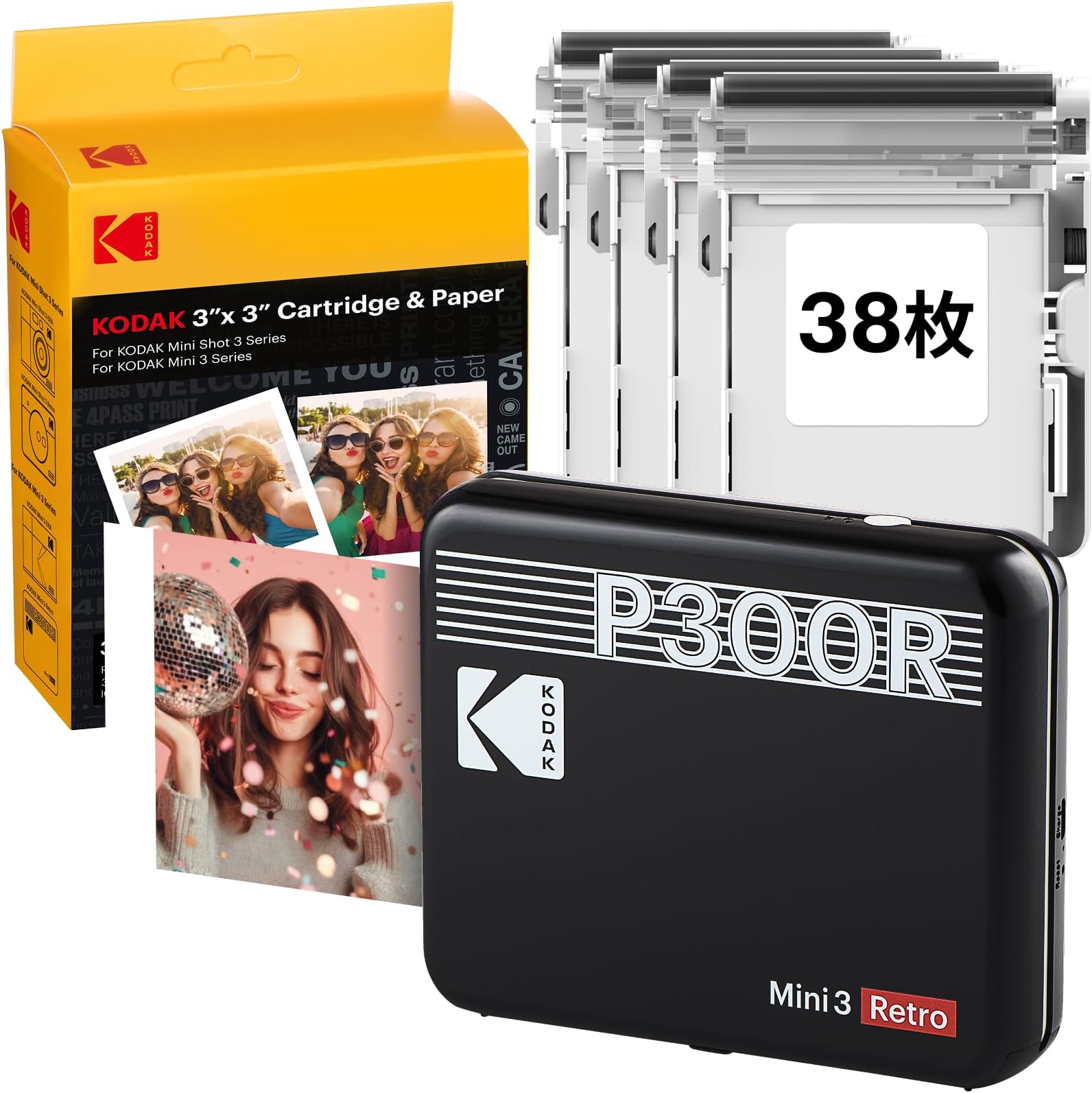 KODAK Mini 3 Retro スマホプリンター(7.6×7.6cm) 4PASS 38枚入り ブラック | Bluetooth対応、iPhone・Android対応、防指紋、防水、色あせしにくい