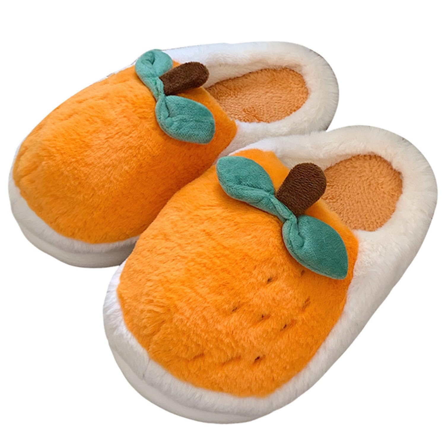 ZNEL Fuzzy Fruit Slippers with Memory Foam Cozy Lightweight Washable Ladies Slippers Slip on Rubber Sole House Shoes(38-39, Orange)