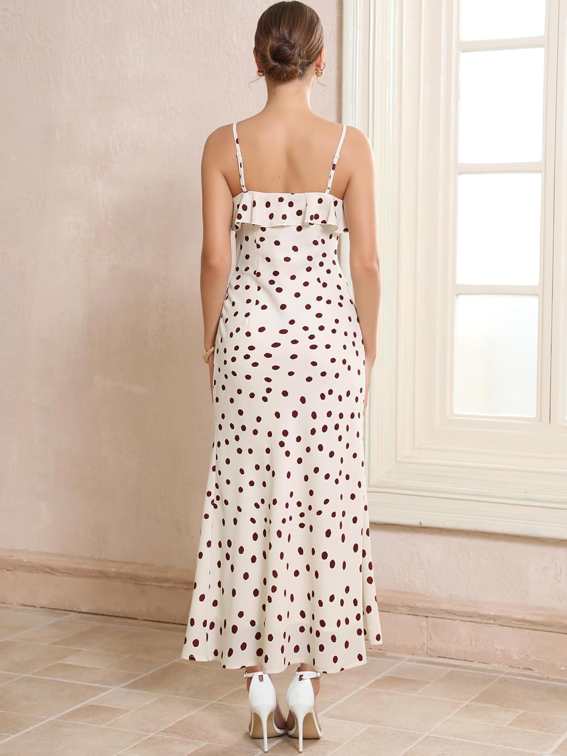 Women's Polka Dots Dress 2026 Vintage Ruffles Trim Spaghetti Strap Maxi Cocktail Dresses - Image 3