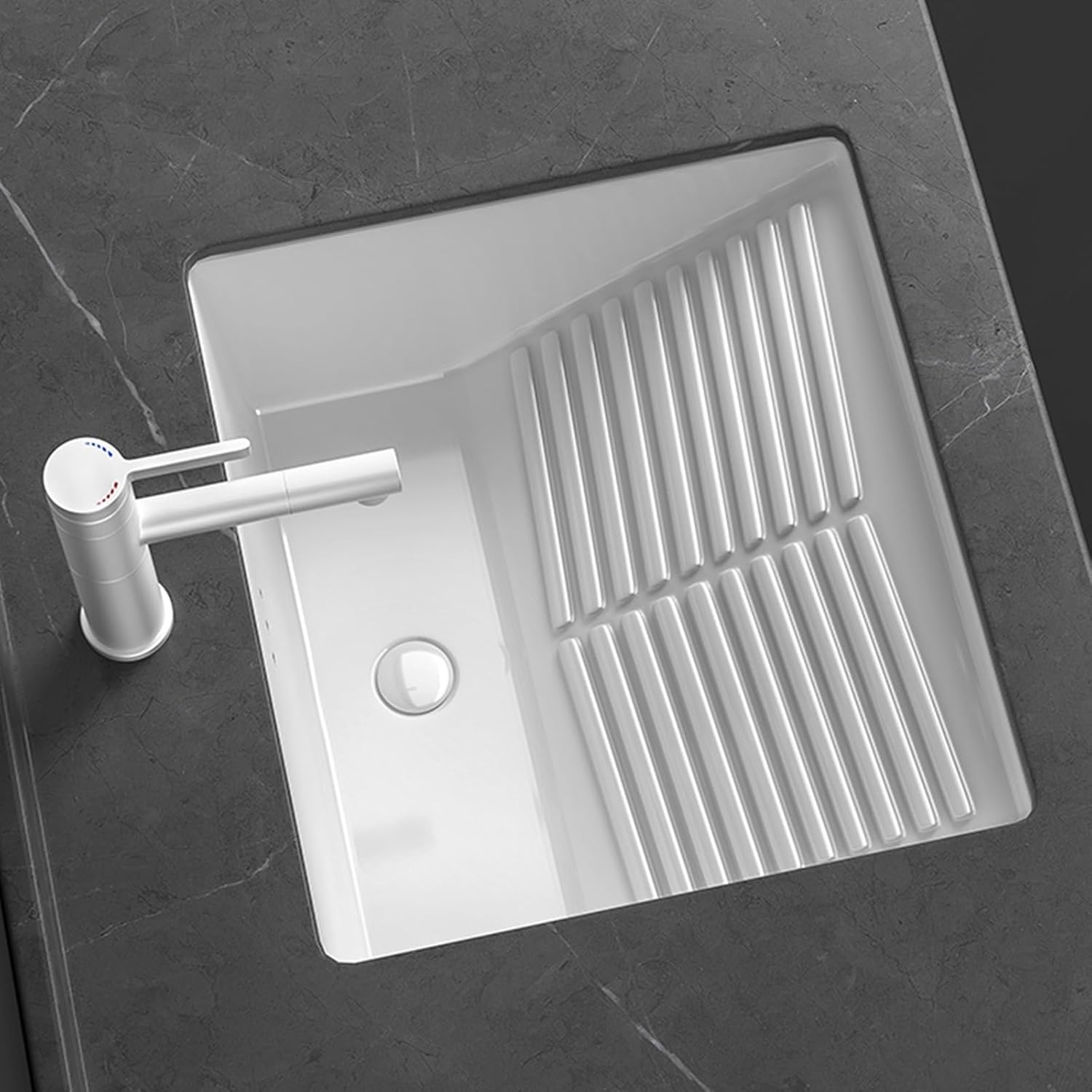 Bathroom undermount Ceramic Sink wiht Washboard,Square Vanity Bathroom Sink,Lavatory Vanity Under Counter Bathrrom Sink with Overflow,(55.5 * 46)