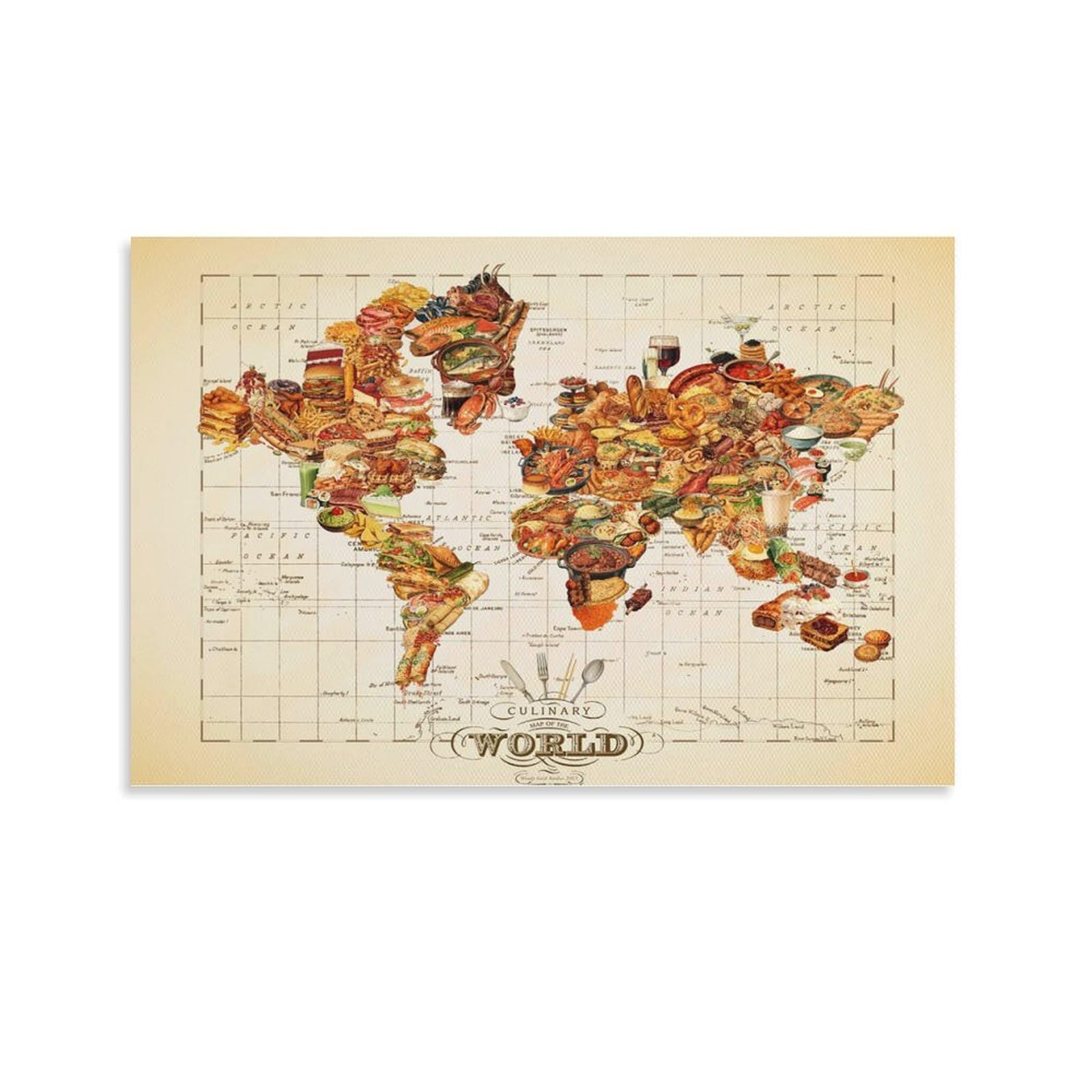 STEMFORMERS Culinary Map Art, Food Map Canvas Poster Wall Art Decor Print Picture Paintings for Living Room Bedroom Decoration 16x24inch(40x60cm)