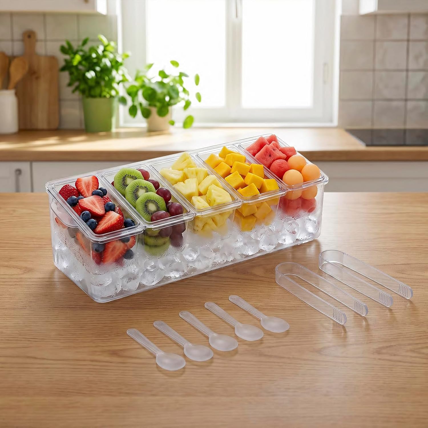 Condiment Caddy, 5 Compartment Ice Chilled Serving Tray, Serving Platter Condiment Container with Separate Lid, Fruit Garnish Tray for Party Supplies & Bar Accessories (5 Spoons & 2 Tongs)