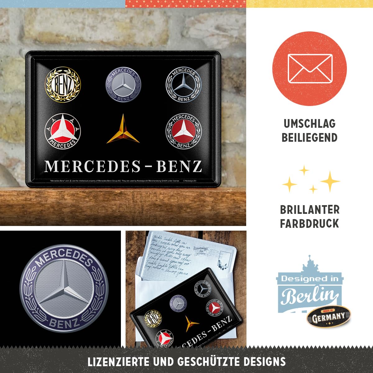 Nostalgic-Art Kartka retro z pozdrowieniami logo Mercedes-Benz, pomysły na prezent, blaszana kartka pocztowa, mini tabliczka blaszana w stylu vintage, 10 x 14 cm