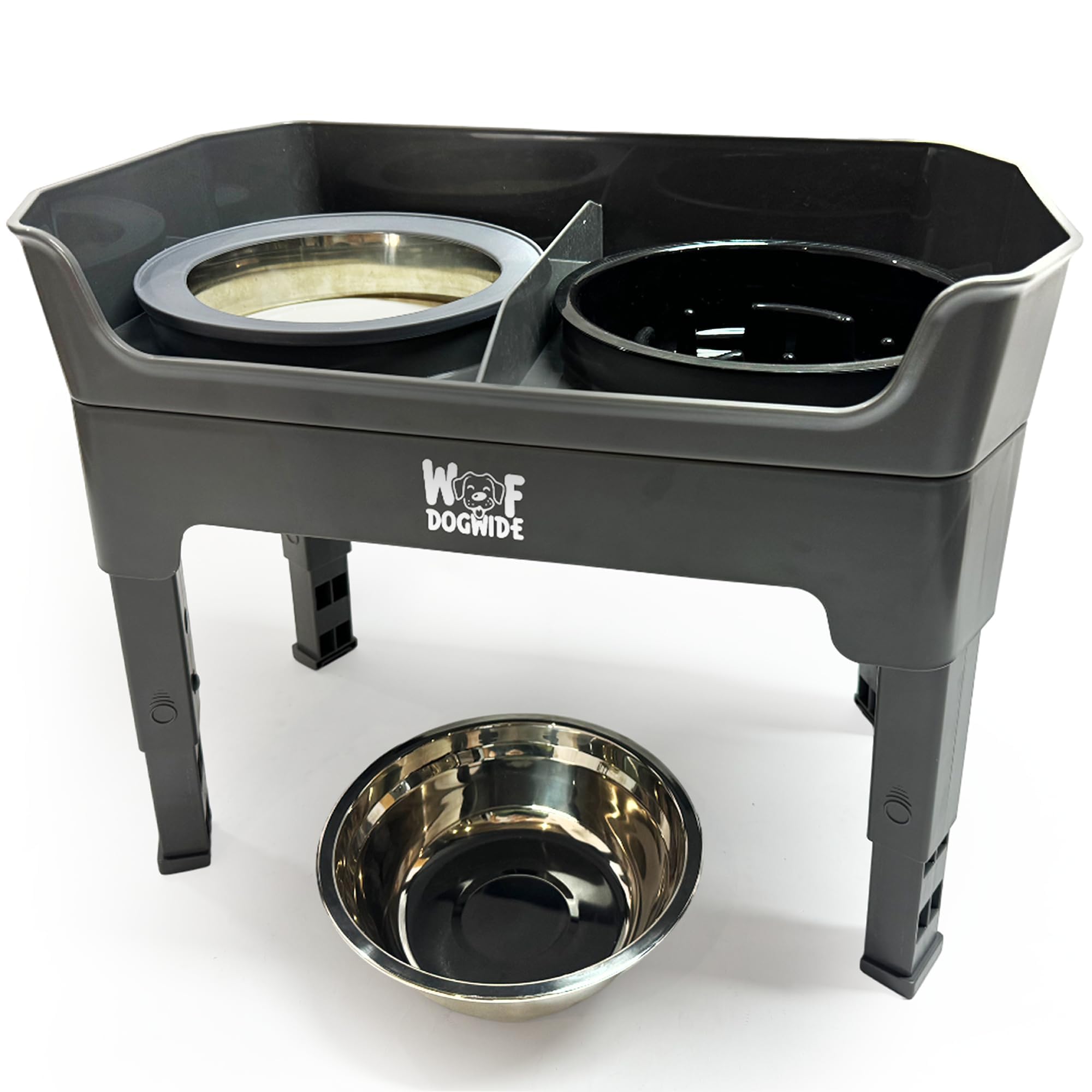 Comedero para perros elevado, comedero para perros, 2 cuencos de acero inoxidable de 1600 ml, antifugas, comedero para perros, comedero ajustable, color gris
