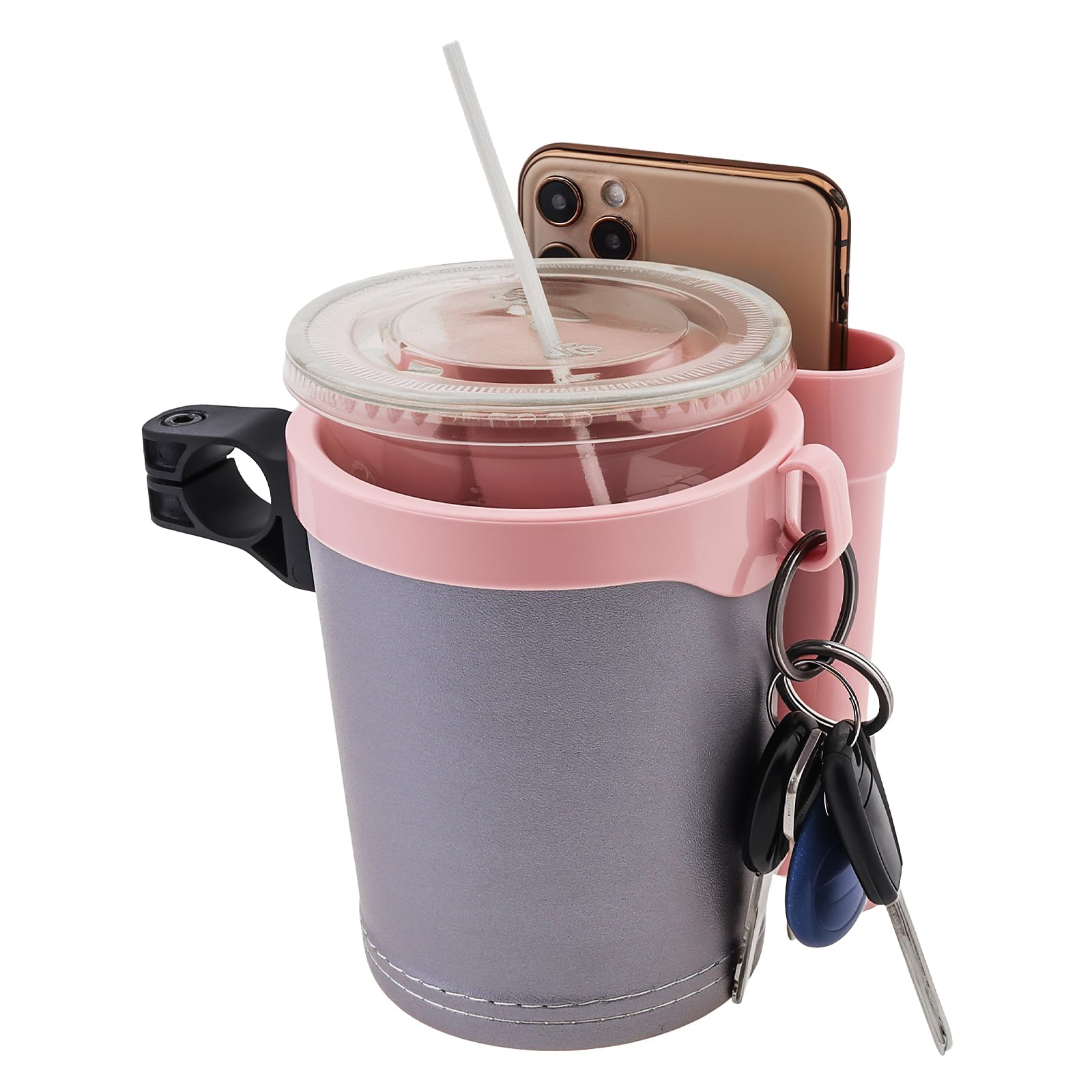 3-in-1 Universal Bike Cup Holder with Cell Phone Case Keys Hook, Gray Pink — image 1