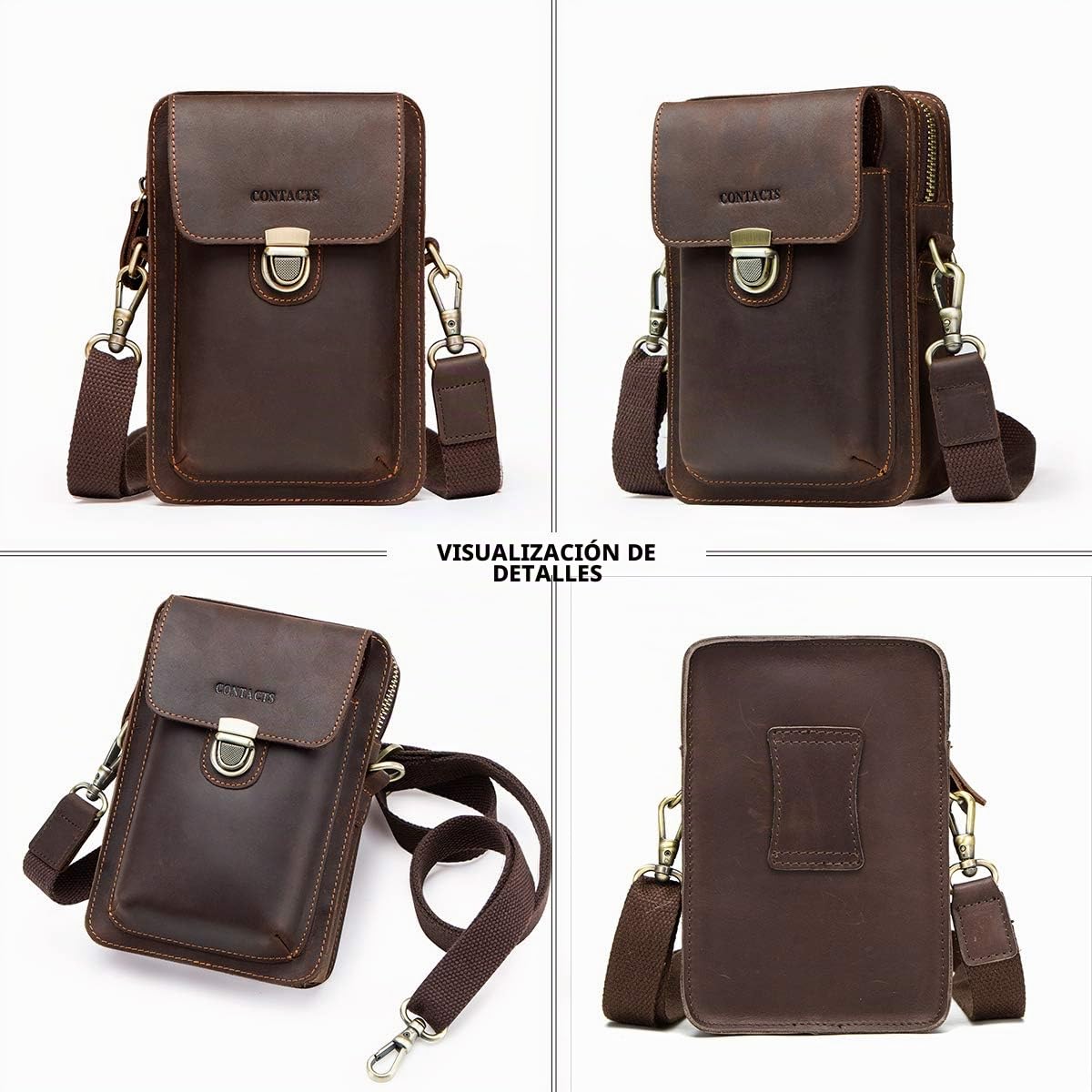 Contactos Riñonera de Cuero Genuino para Hombre Bolsa pequeña para teléfono móvil, Tarjeta, Moneda, Monedero
