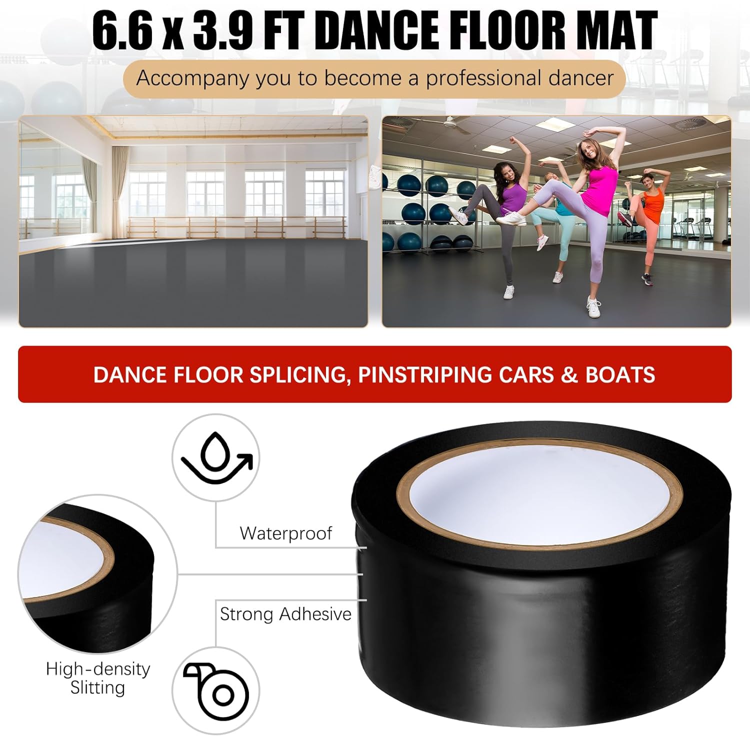 Nuanchu 6.6 x 3.9 ft Reversible Dance Floor Roll with 36 Yard Black Pinstriping Tape Portable Non Slip PVC Vinyl Dance Mat Floor for Ballet, Jazz, Install and Clean