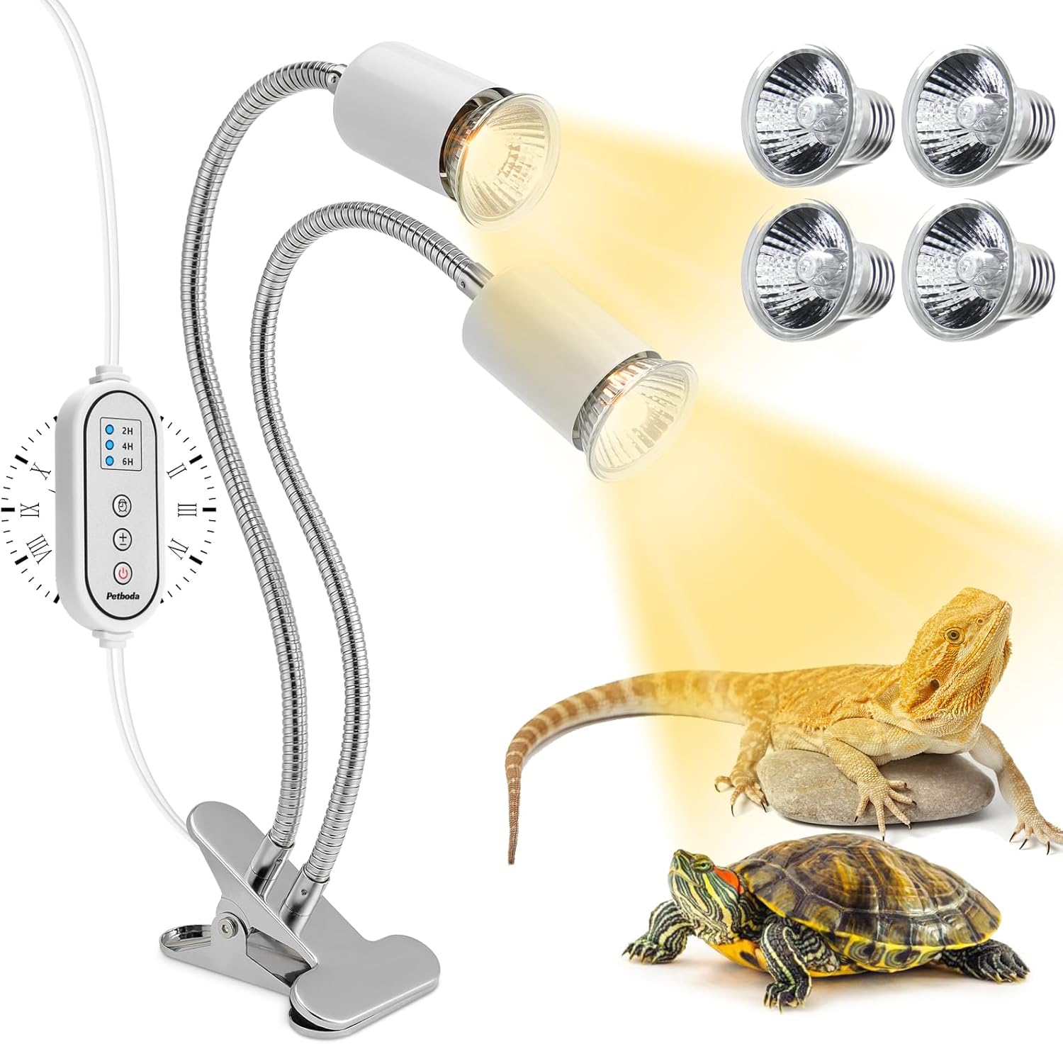 Petboda Reptile Heat Lamp, Dual Head UVA UVB Heating Lamp with Cycle