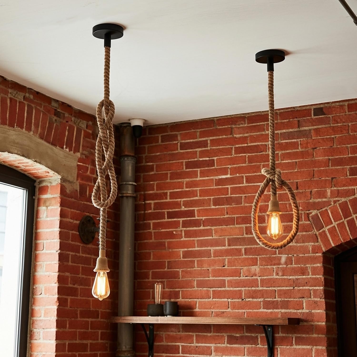ANWIO Cable Suspension Luminaire, E27 Lustre Industriel en Corde de Chanvre Naturel, Lampe Suspendue 1 Corde, Lustre Plafond Salle à manger, Plafonnier Led Couloir, Loft, Bar