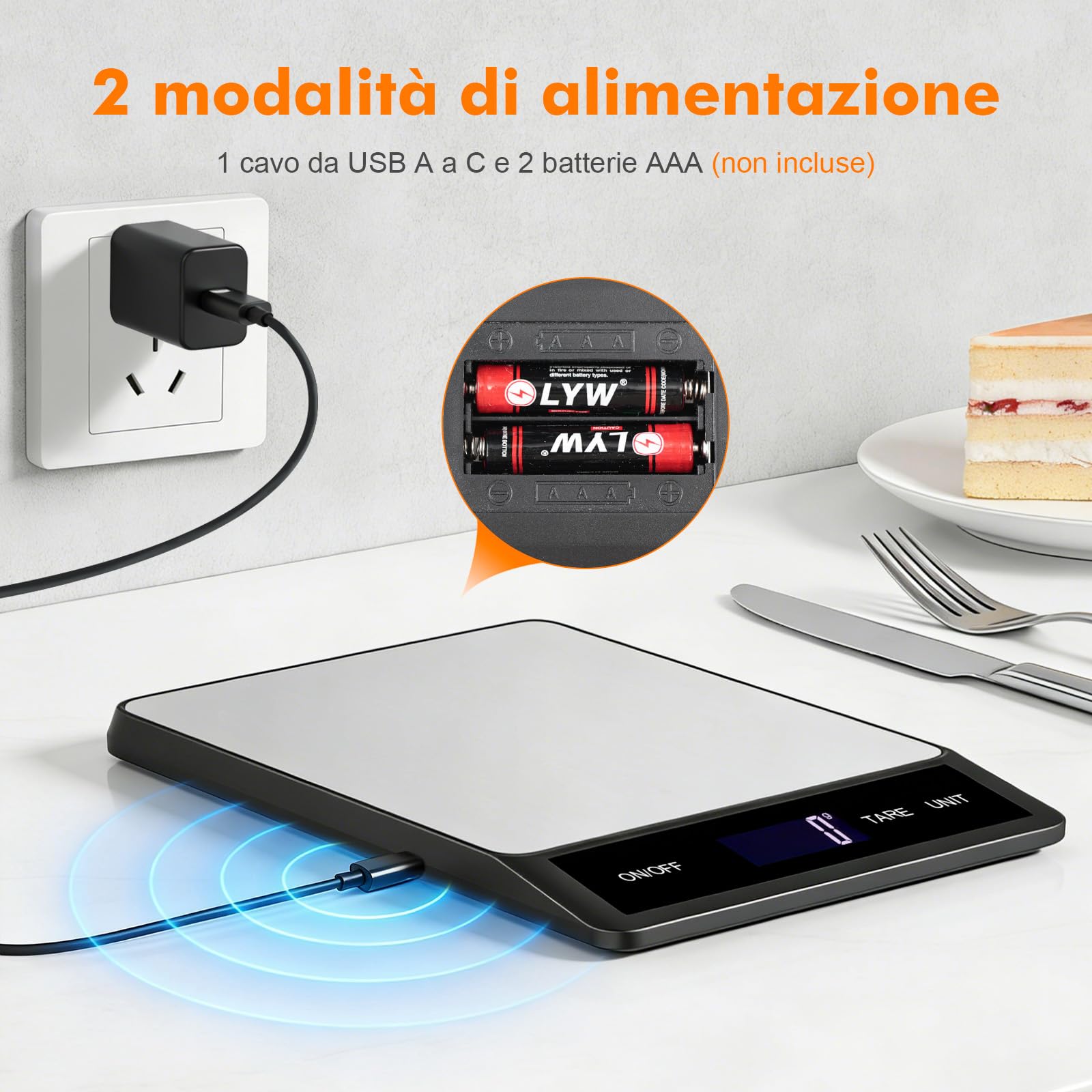GRIFEMA GA2008-1, Bilancia da cucina ricaricabile, Bilancia multifunzione per alimenti in acciaio inossidabile, 5 kg/11 lb