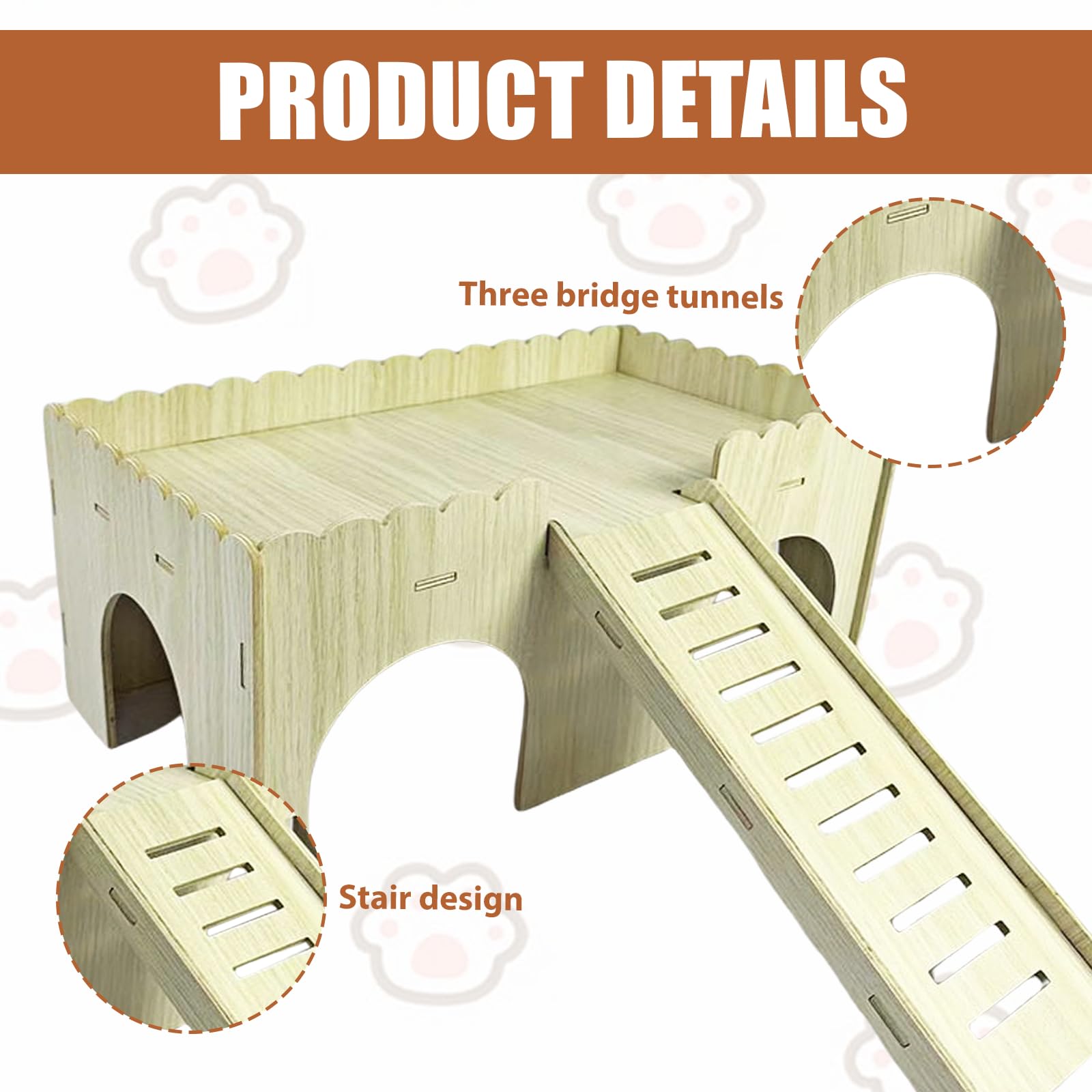 Grande maison pour cochon d'Inde - Maison en bois avec rampe - 4 entrées - Jouet et accessoire pour cochon d'Inde - 38 x 25 x 18 cm