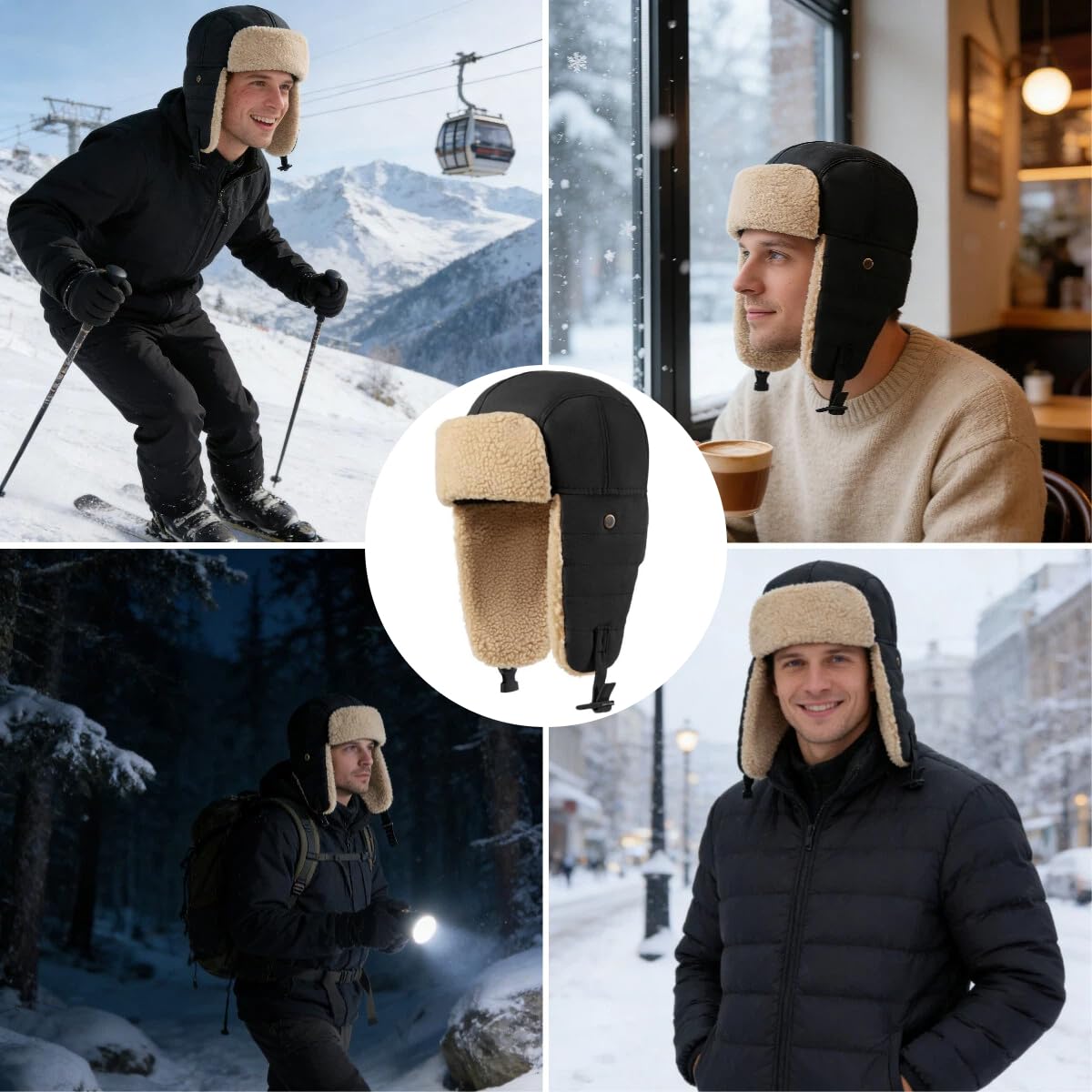 Chapeaux d'Hiver en coton, Femme Homme Chapka de trappeur Chapeau Chaud Anti-vent Bonnet Ski Snowboard Chasse Camping Randonnée Epais Bonnet d'aviateur Russe avec Rabats d'oreille Réglable 58-60CM