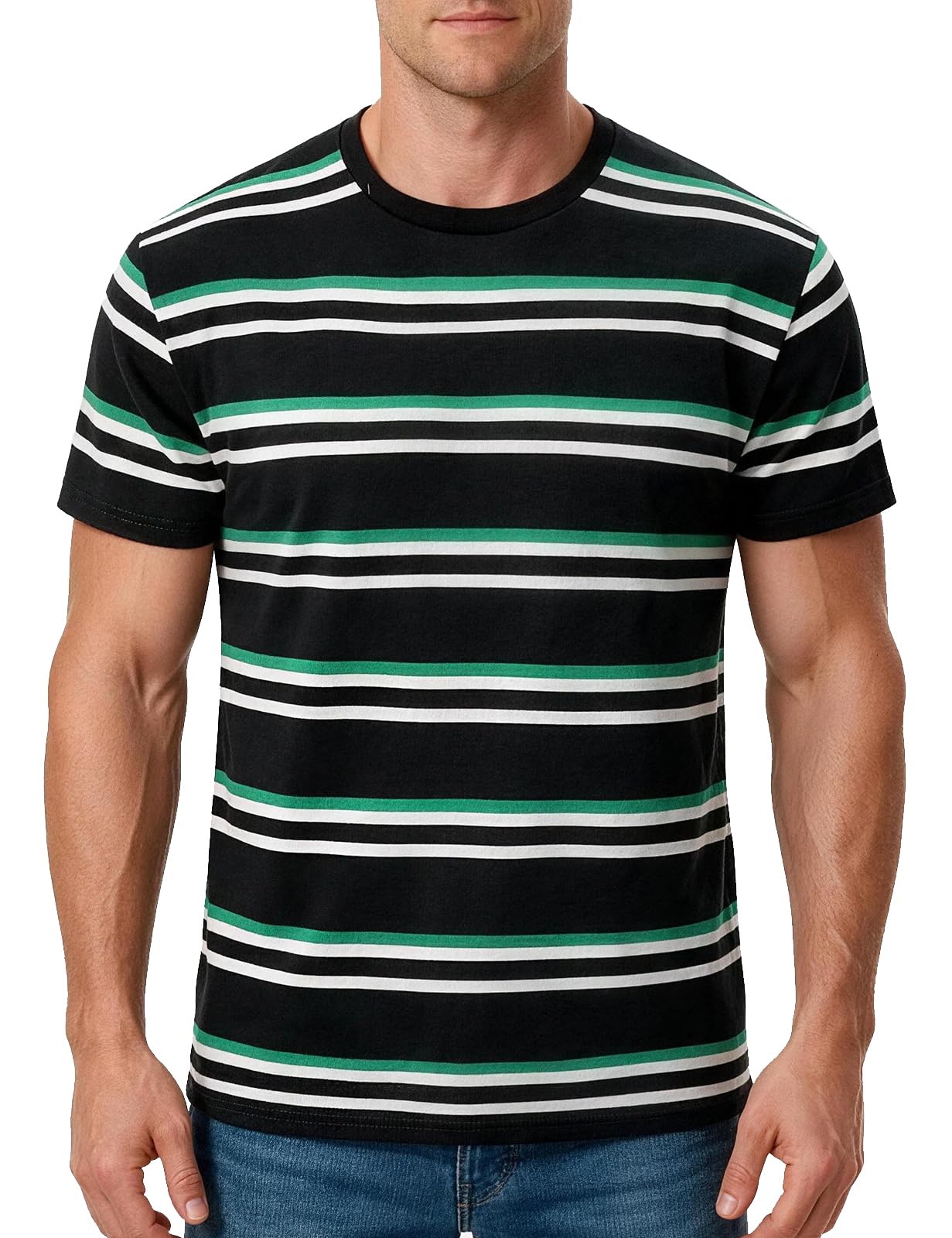Funny World - Camiseta de algodón a rayas para hombre, cuello redondo, manga corta, básica e informal.