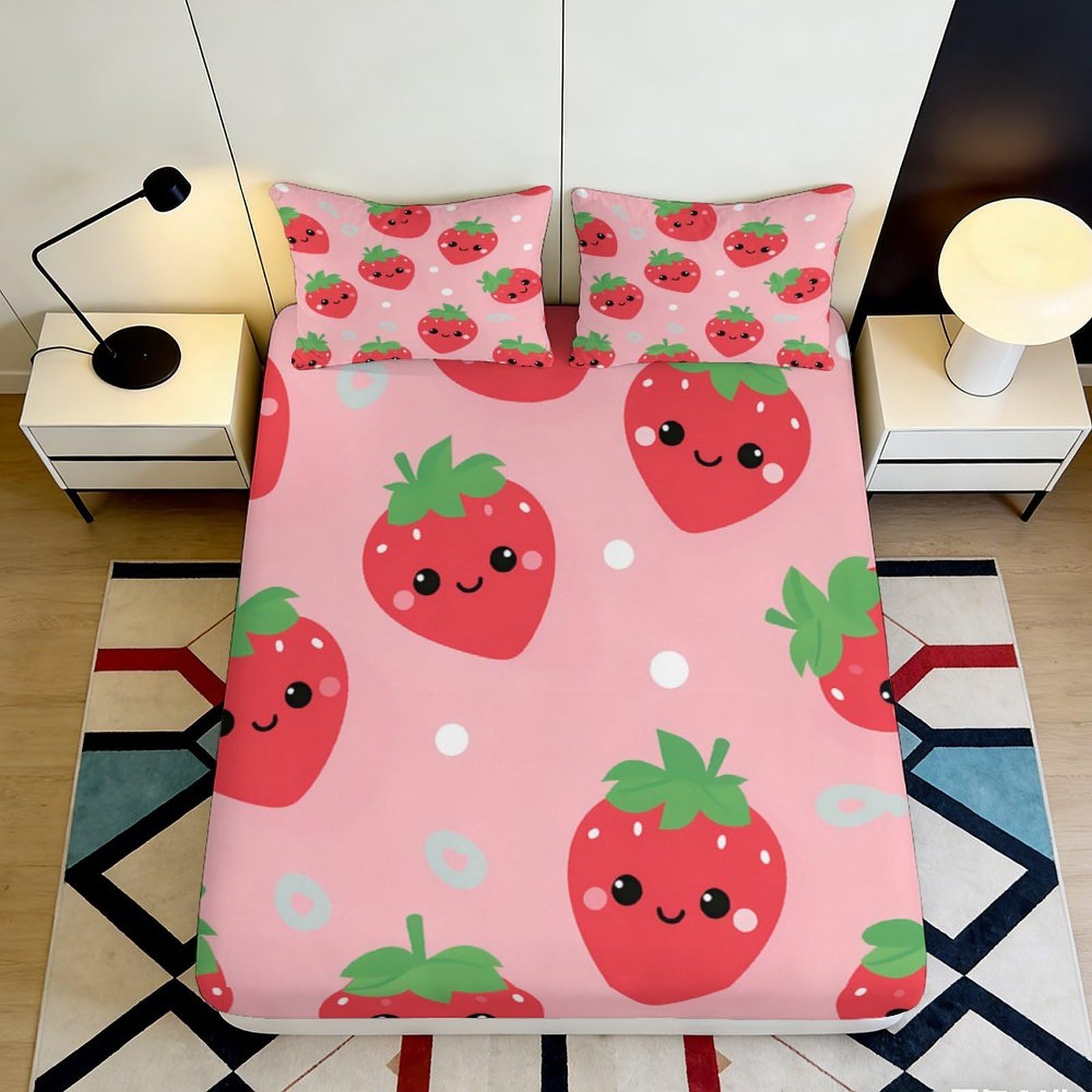 3D Printed Strawberry Cartoon Fitted Sheet Microfiber Soft Pink Kawaii Fruit Bed Cover for Bedroom Dorm Mattress Decor 90x200x25cm
