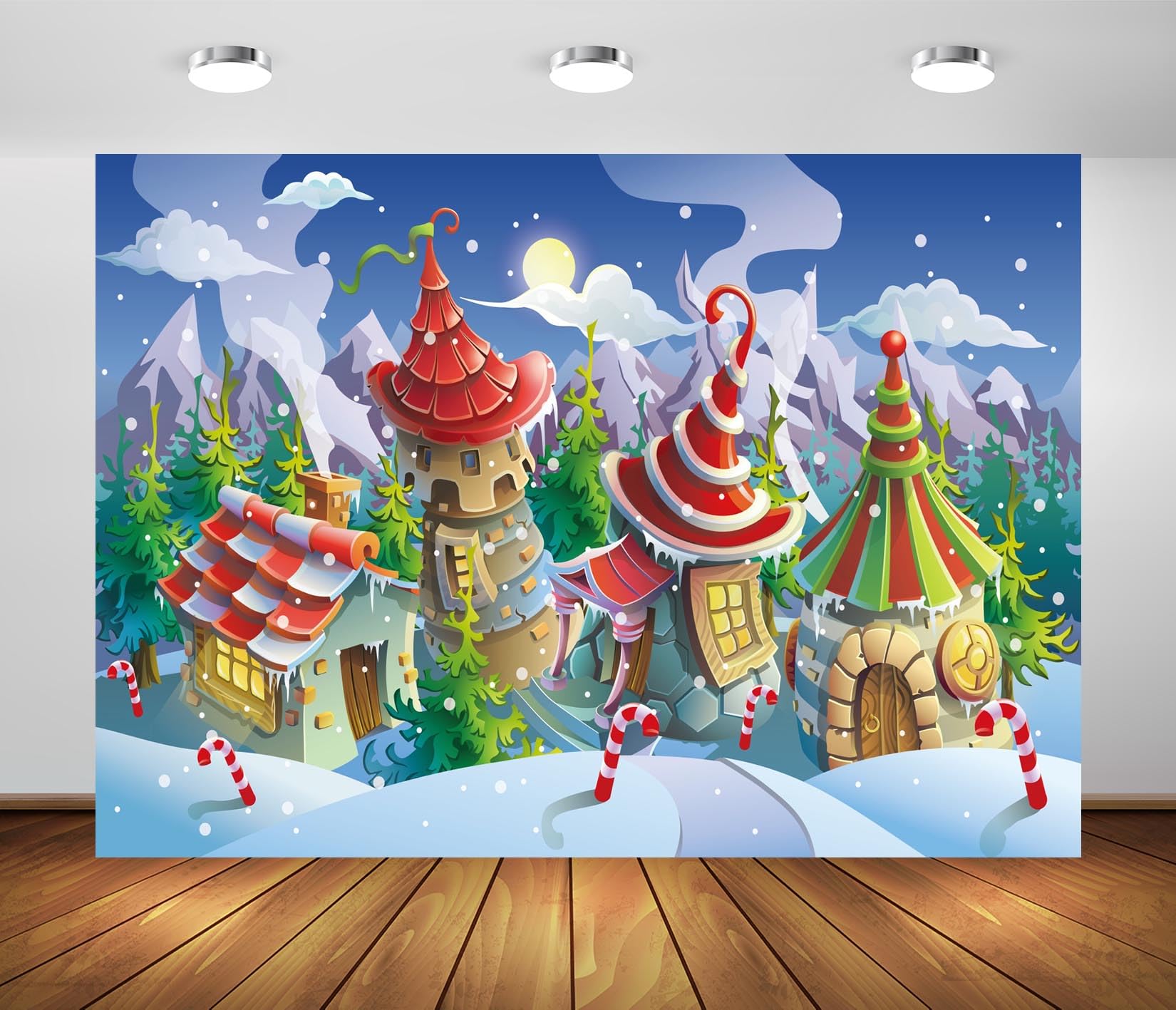 BELECO 12x8ft Fabric Santa's Christmas Village Backdrop Elf's Fairy Tale House Candy Cane Snowing Mountain Forest Winter Night Backdrop Xmas New Year