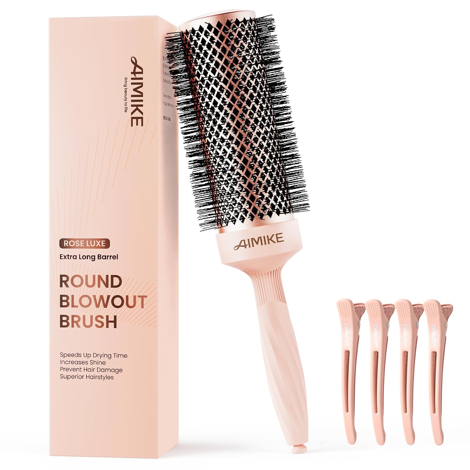 AIMIKE Round Brush for Blow out, Rose Luxe Extra-Long Round Hair Brush Ionic & Nano Thermal Ceramic Tech, for Blow Drying & Styling Volumizing Thick Long Hair, with 4 Clips (Barrel 2.1", Bristle 3")
