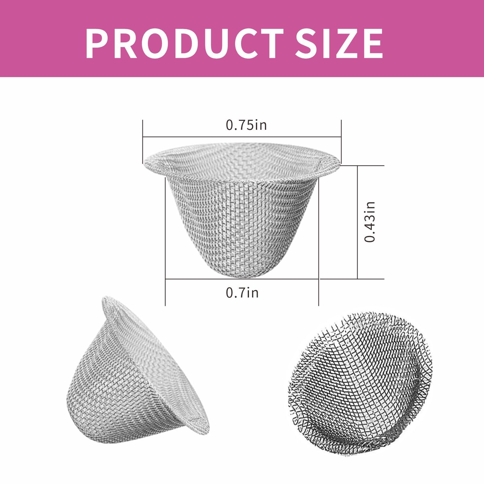 40 pantallas limpias de malla de acero inoxidable de 3/4 pulgadas con diseño cónico, tamaño de 0.75 pulgadas, junto con una herramienta de limpieza 3 en 1, cepillo y caja de almacenamiento de acero
