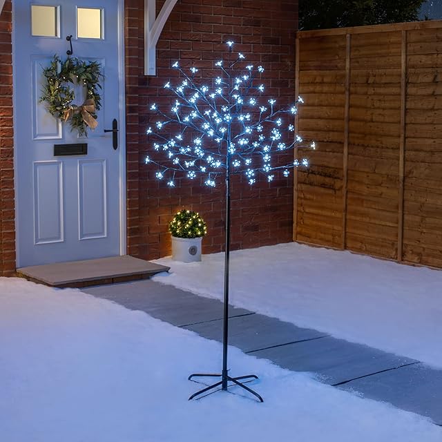 CHRISTOW Cherry Blossom Tree 96 LED Light Up Indoor Outdoor Christmas Decoration With Stand 150cm / 5ft (White)