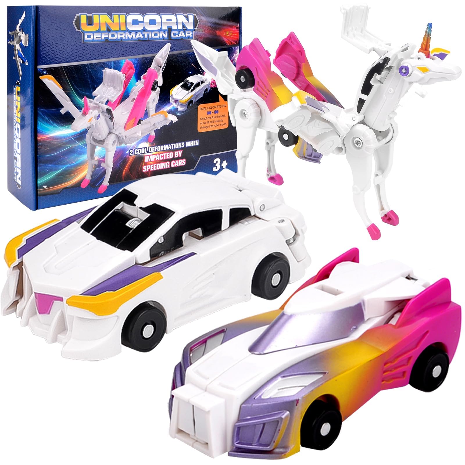 Robocrash Magnetic Transforming Car, 2PCS Transformer Car Unicorn Toys, Transformers Toys, Unicorn Ca-r Robot Toy for Kids 3-8 Years Old, Automatic Deformation of Magnetic Connections Gift for Kids