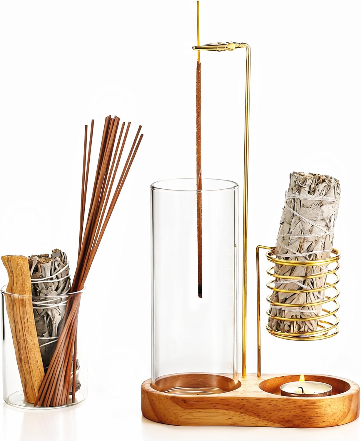 3 in 1 Incense Holder for Burning Insence-Stick & Palo Santo & Sage Sticks, Hanging Upside Down Incense Stick Burner with Glass Ash Catcher & Storage, Lasting Burning Palo Santo Sage Burner
