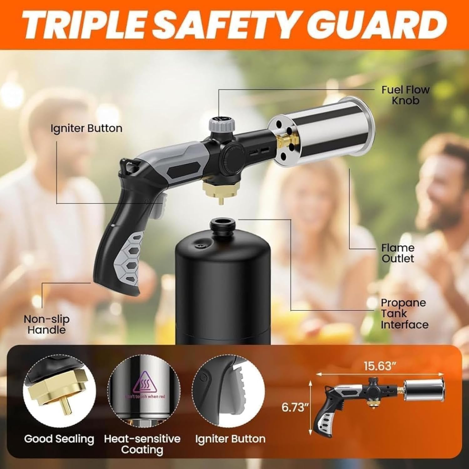 Propane Torch Gun, Propane Heat Blaster Tool with Safety Lock, Adjustable Flame Portable Blow Torch for Cooking & Grilling. (Connector*2PC)