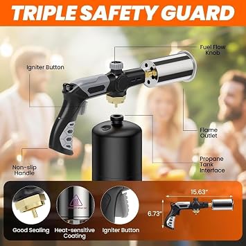 Propane Torch Gun, Propane Heat Blaster Tool with Safety Lock, Adjustable Flame Portable Blow Torch for Cooking & Grilling. (Common)