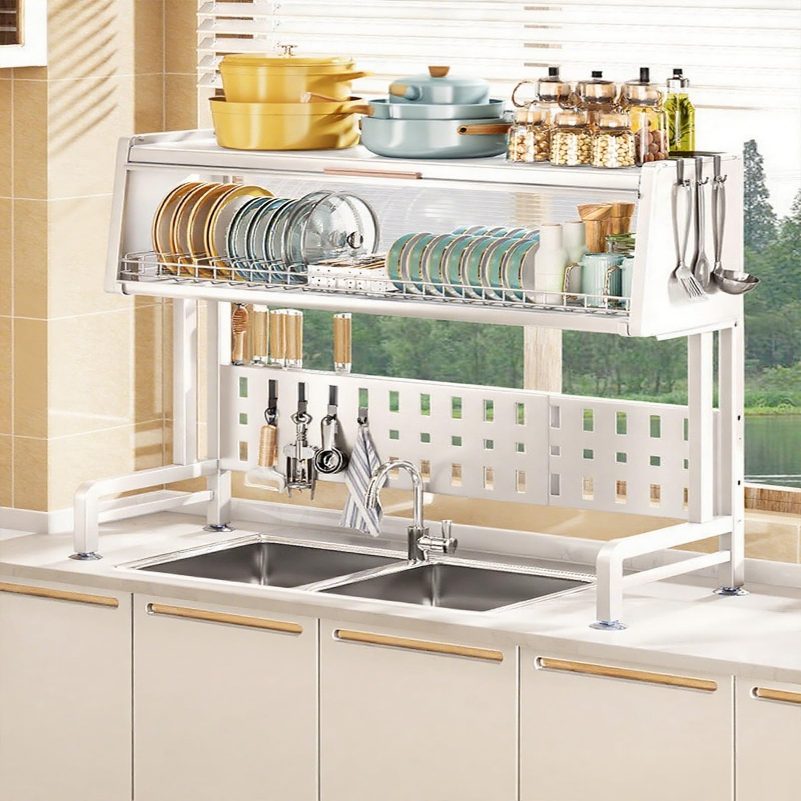Escurridor ajustable de 3 niveles sobre fregadero de 59 a 84 cm, ahorra espacio, cocina con diseño moderno para un secado eficiente y secado