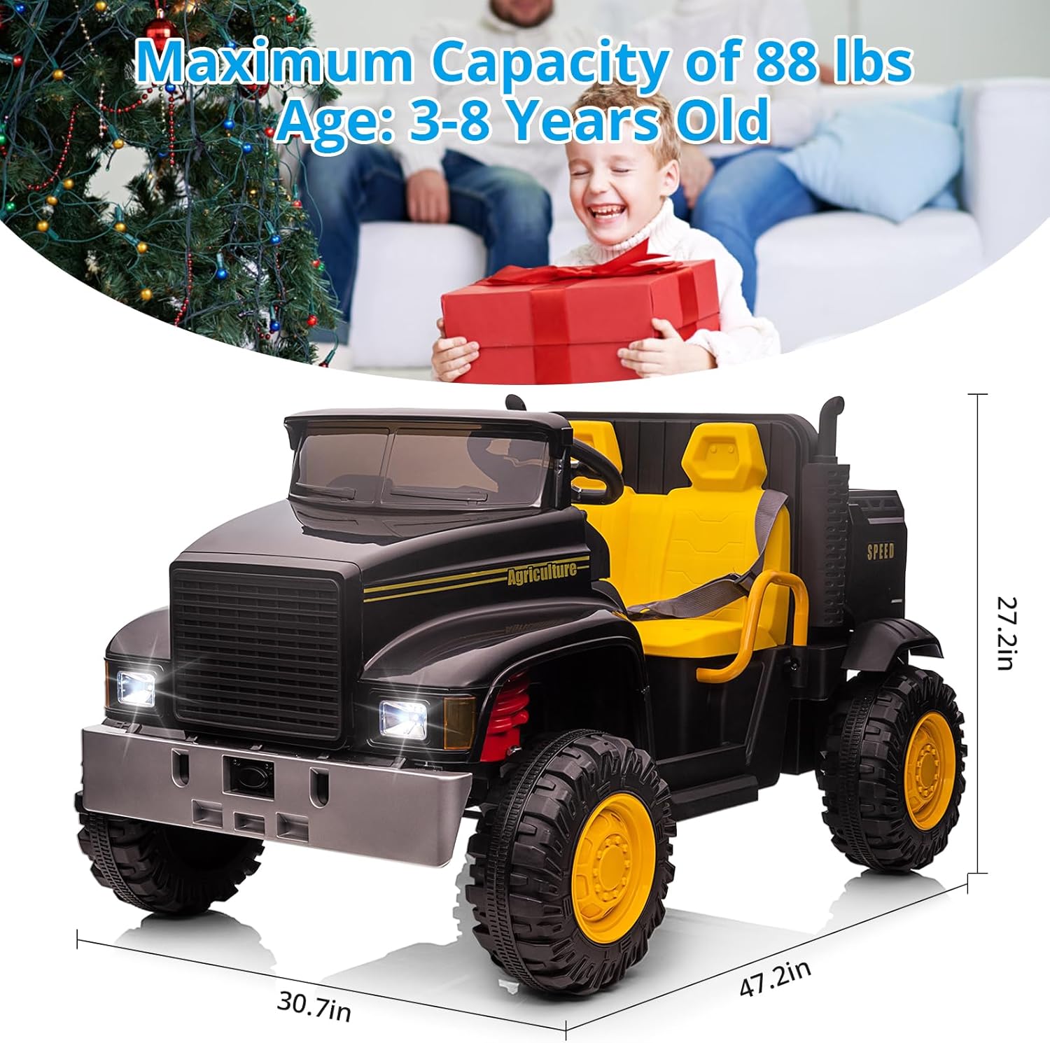 Image showing the dimensions and maximum capacity of the Hetoy Ride On Truck.