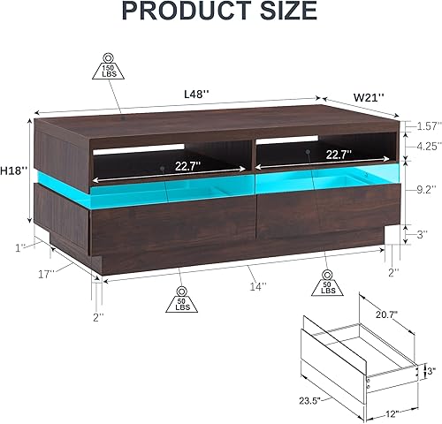 Miniatura 6 de OKD Mesa auxiliar LED de 48 pulgadas, moderna mesa de centro con 2 cajones grandes de almacenamiento y cubos abiertos, mesa central rectangular de
