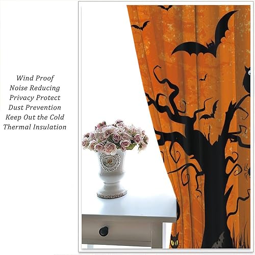 Miniatura 5 de Cortina de bosque de Halloween de terror, castillo de bosque negro, calabaza, murciélago, búho, gato, cortina de cocina, dormitorio, sala de estar,