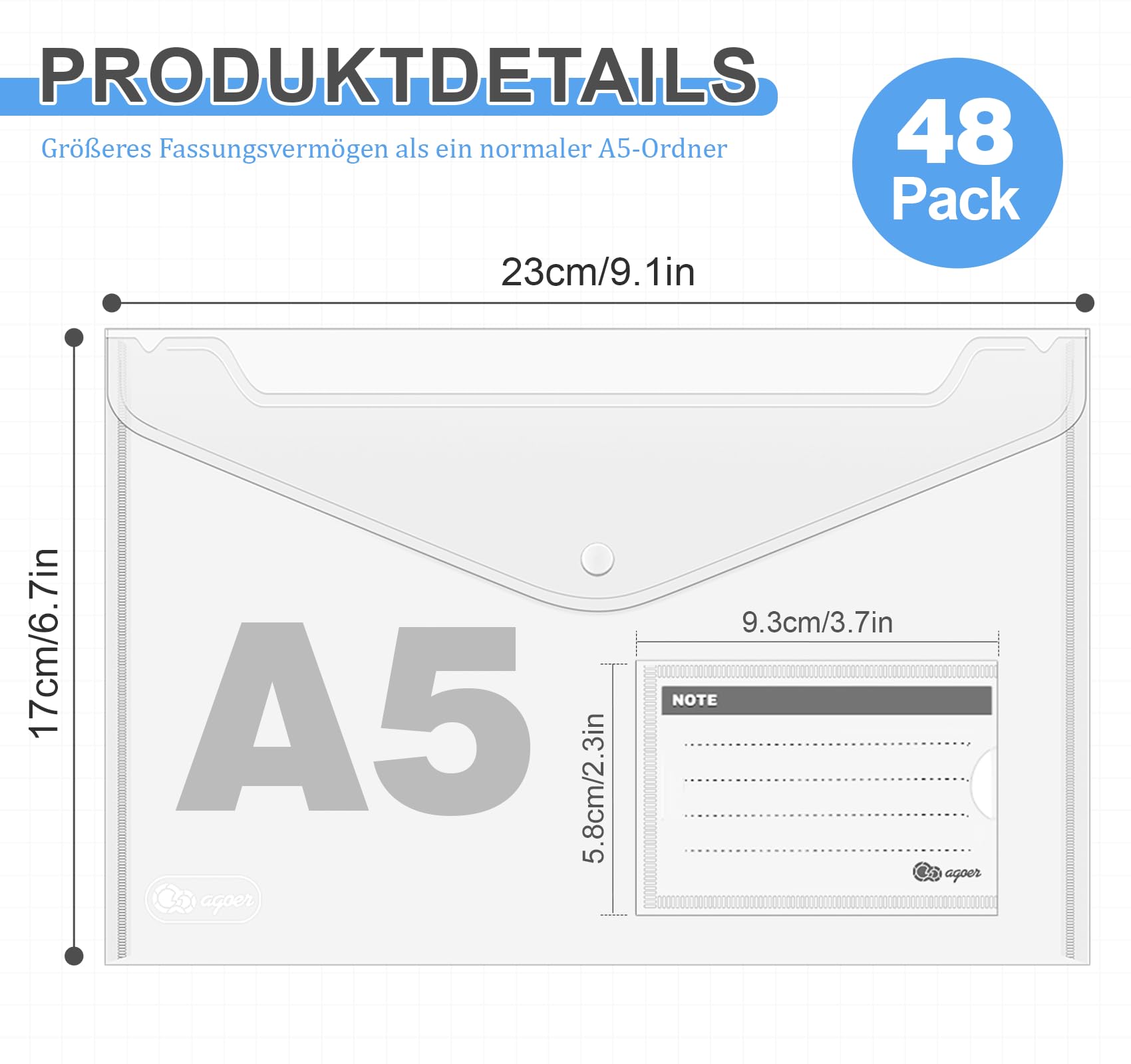 Agoer Clear Plastic Wallets A5, 48 PCS Plastic Envelopes A5 Document Wallet with Popper - Image 2