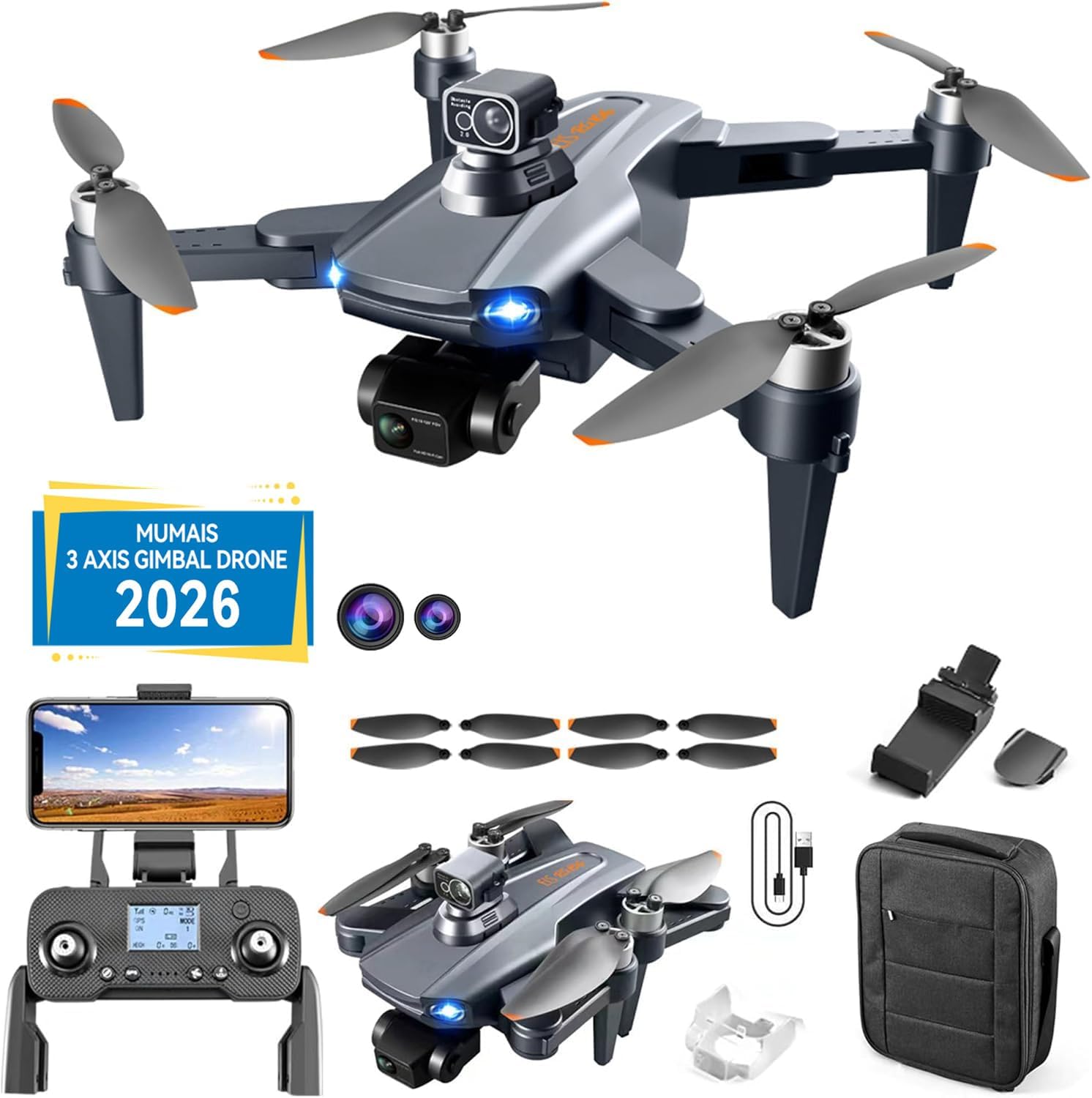2026 RG106PRO 3 Axis Brushless GPS Gimbal Drone,with Camera for Adults 4K,360°Obstacle Avoidance,48MP Photo,2 Batteries 60-Min Long Time Flight,4K/30FPS Video,Visual Tracking Follow Me, Smart Return,Professional Drones for Adults.