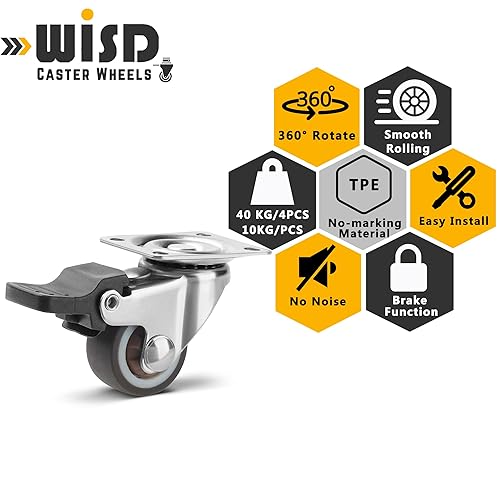 Miniatura 3 de WISD Ruedas giratorias de 1 pulgada - Ruedas giratorias pequeñas con 2 frenos de bloqueo - hasta 88 libras - Juego de 4 ruedas silenciosas para