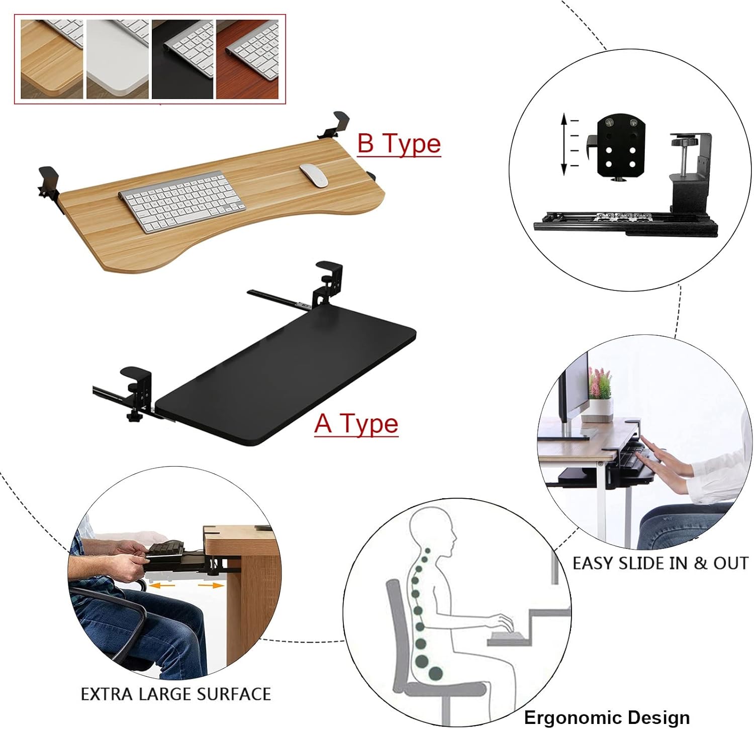 デスク用調節可能なキーボードリストサポート、スライド式キーボードトレイ、ホームオフィス用クランプ式デスクエクステンション、使いやすい