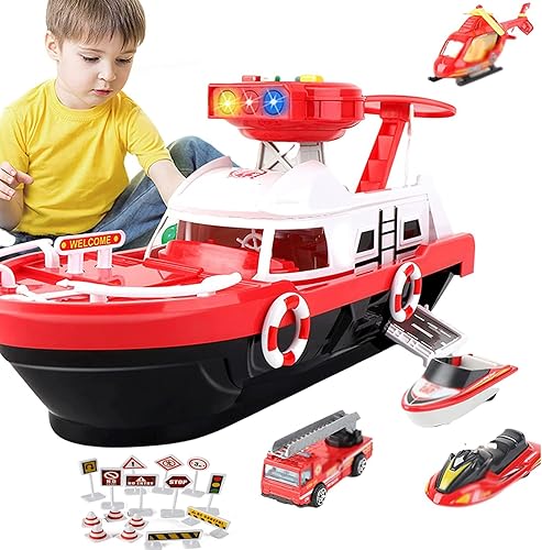 Juego de juguetes de barco con coche de policía y mini helicóptero con sonido y luz avión juguetes para niños de 4 5 6 años (rojo)