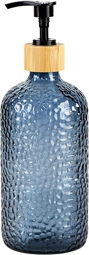 Dispensador de jabón de vidrio de 16 onzas con cabezal de bomba de bambú, dispensador de jabón de cocina y baño recargable para jabón de manos,