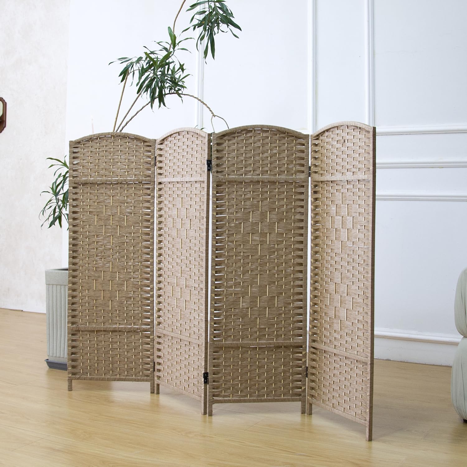 Furnnylane 4 Panel Light Brown Rattan Divider Short Room Partition Screen,Double Sided Short Folding Divider for Room Separation,120 cm Tall — image 1