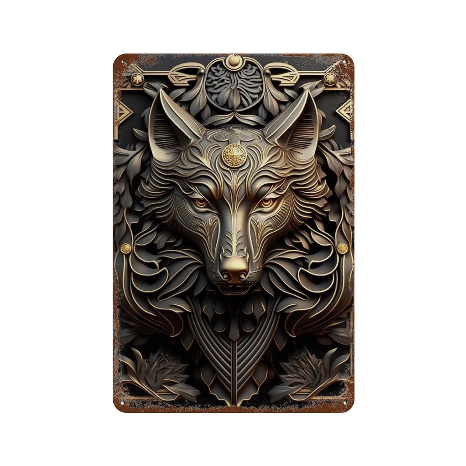 Rusty Metal Tin Sign with Apex Golden Wolf Art Deco Design 11.8"x7.9", for Shed, Workshop And Garage Wall Decor, Classic Wall Plaque