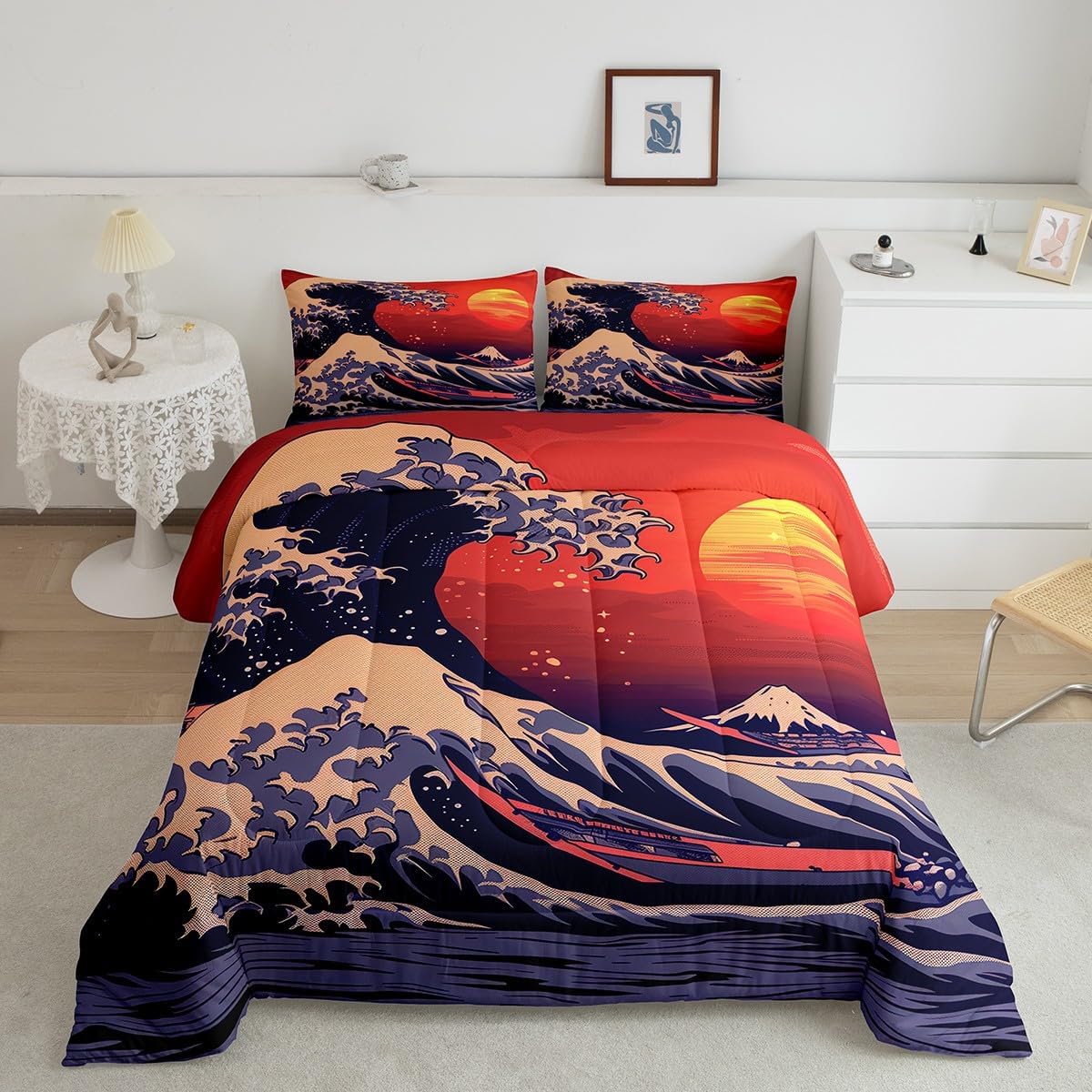 Erosebridal Japanese Wave Comforter Set Queen Size for Boys Kids Chic Ocean Wave Bedding Sets, Japanese Ukiyoe Theme Bedding Comforter Sets Red Sun Japanese Style Duvet Set Home Decor