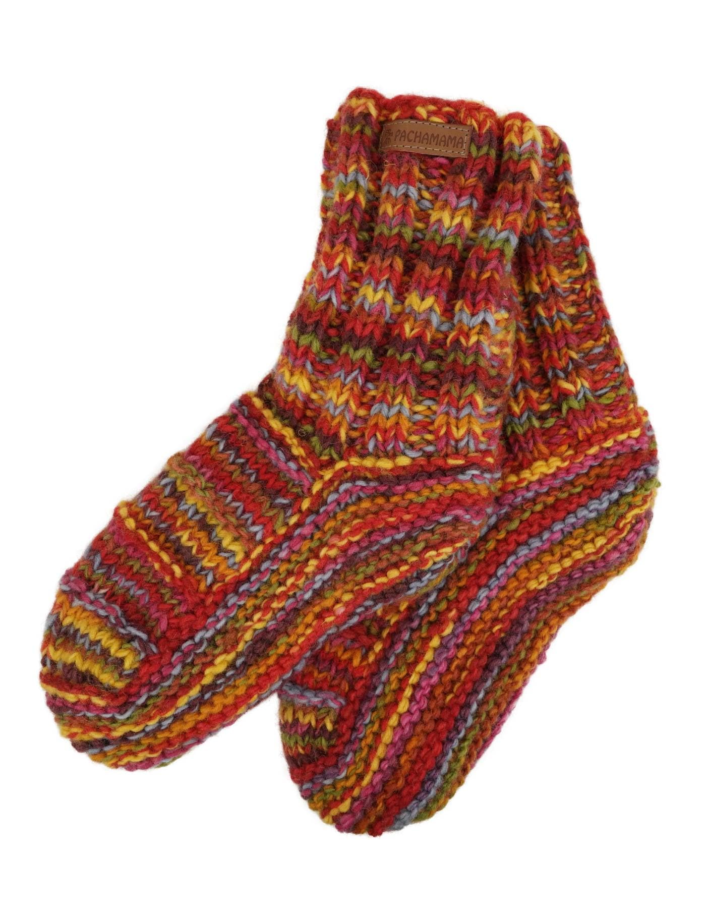 Pachamama Women's Multicoloured 100% Wool Lined Sofa Socks Handknitted Stripe Red Med 4-7 Handmade Extra Warm Fair Trade
