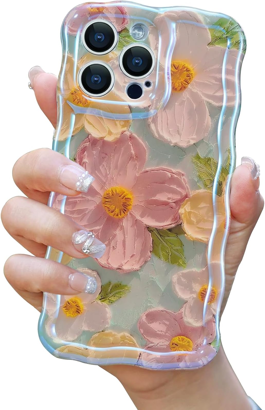 Cute Case for iPhone 15 Pro Max, Colorful Retro Oil Painting Printed Flowers Case, Fashion TPU Floral Laser Beam Glossy Pattern Curly Waves Frame Shockproof Protective Cover for Girl Women
