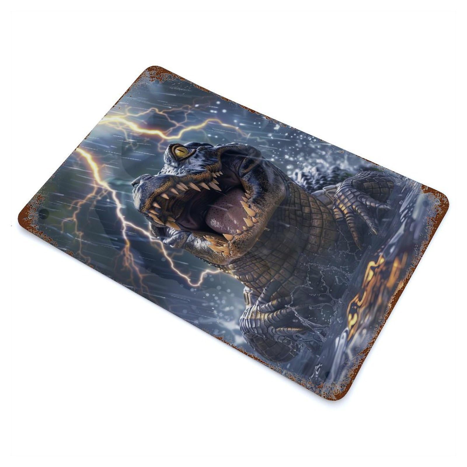Crocodile Lightning Rust Effect Tin Sign 11.8"x7.9", Ideal for Farmhouse, Kitchen And Entryway Decor