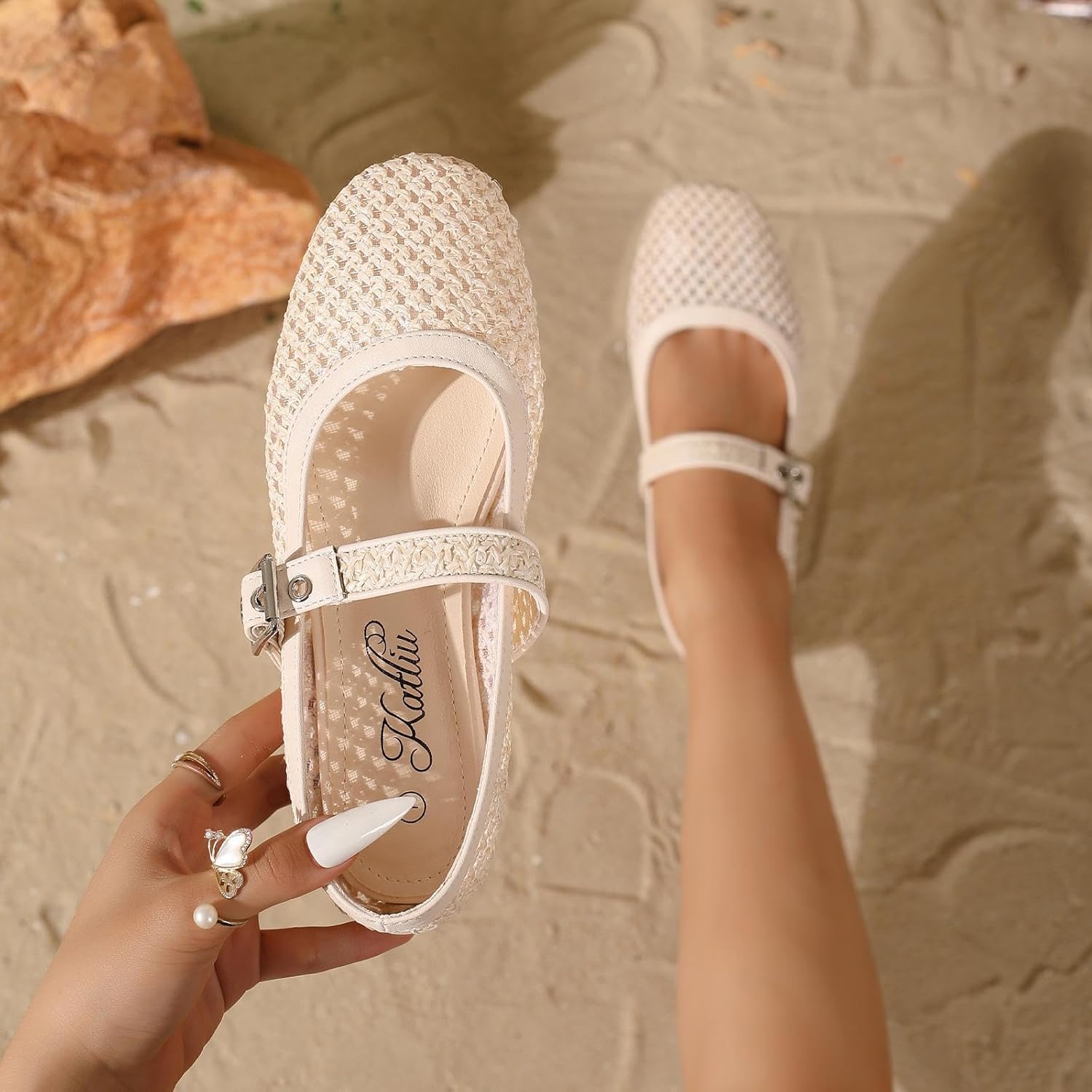 katliu Woven Mesh Flats for Women Round Toe Ballet Flats Mary Jane Flat Shoes with Buckle - Image 2