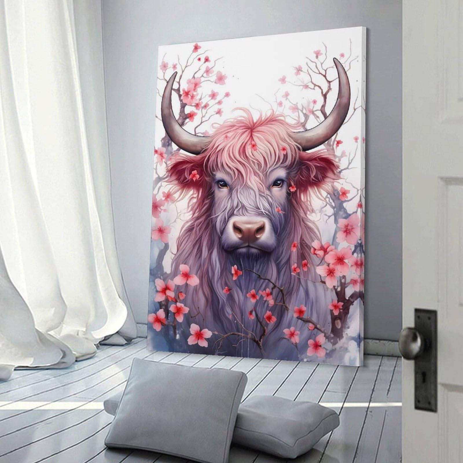 Junmoney Frame-Style Cherry Highland Cow Decorative Canvas Print, 08X12inch(20X30cm), For Contemporary Homes, Apartments Or Offices, Home Artwork For Modern Interiors